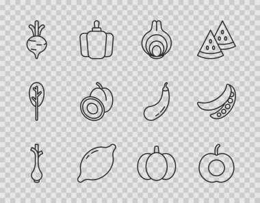 Set line Fresh green onions, Peach fruit, Onion, Lemon, Beet, Plum, Pumpkin and Green peas icon. Vector