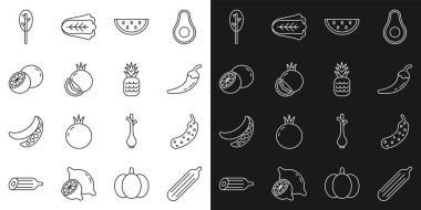 Set line Fresh cucumber, Hot chili pepper pod, Watermelon, Tomato, Orange fruit, Spinach and Pineapple icon. Vector