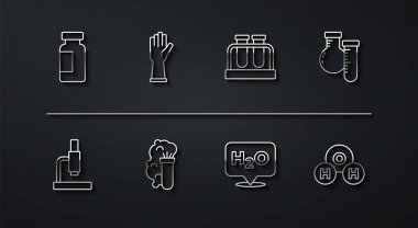 Set line Test tube and flask, Microscope, Chemical formula for H2O, explosion, Medical rubber gloves,  and  icon. Vector