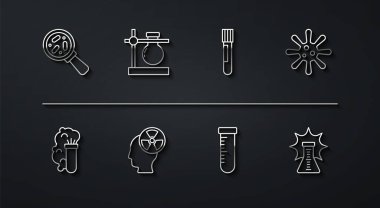Set line Microorganisms under magnifier, Chemical explosion, Bacteria, Test tube and flask, Head radiation symbol, stand,  and  icon. Vector