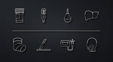 Set line Medicine bottle and pills, Gypsum, Human organ liver, Ultrasound, Medical surgery scalpel, thermometer, Sore throat and Enema icon. Vector
