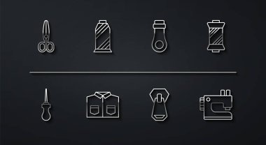 Set line Scissors, Awl tool, Sewing thread on spool, Zipper, Shirt, machine and  icon. Vector
