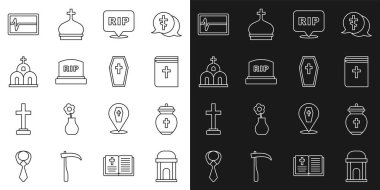 Set line Old crypt, Funeral urn, Holy bible book, Speech bubble rip death, Tombstone with RIP written, Church building, Beat dead monitor and Coffin cross icon. Vector