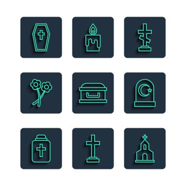 Set line Funeral urn, Grave with cross, Church building, Coffin, Flower,  and Muslim cemetery icon. Vector