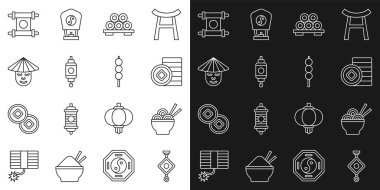 Set line Chinese paper lantern, Asian noodles bowl, Yuan currency, Sushi on cutting board, man, Decree, paper, parchment, scroll and Meatballs wooden stick icon. Vector