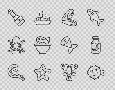 Set line Octopus of tentacle, Fish hedgehog, Mussel, Starfish, Soy sauce bottle, Served on bowl, Lobster and Sea cucumber in jar icon. Vector
