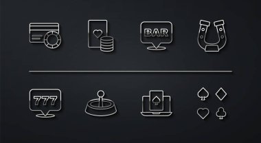 Set line Credit card, Slot machine with jackpot, Horseshoe, Online poker table game, Casino roulette wheel, chip and playing cards, Deck of and Alcohol bar location icon. Vector