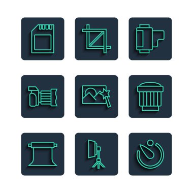 Set line Empty photo studio, Softbox light, Camera timer, roll cartridge, Photo retouching, camera, SD card and lens icon. Vector