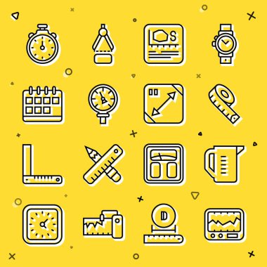 Set line Measuring instrument, cup, tape, Area measurement, Pressure water meter, Calendar, Stopwatch and Diagonal measuring icon. Vector