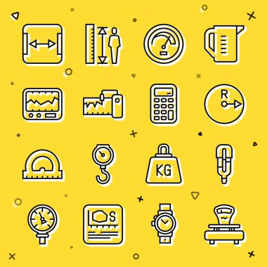 Set line Scales, Medical thermometer, Radius, Speedometer, Measuring instrument, Area measurement and Calculator icon. Vector