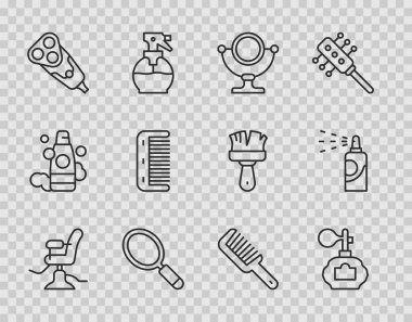 Set line Barbershop chair, Aftershave, Round makeup mirror, Hand, Electric razor blade, Hairbrush,  and Spray can for hairspray icon. Vector