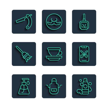 Set line Cream cosmetic tube, Barber apron, Bottle of shampoo, Dustpan, Coffee cup, Mop, Straight razor and online service platform icon. Vector