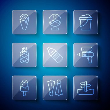 Set line Ice cream, Rubber flippers for swimming, Road traffic sign, Sand bucket, Bottle of water, Pineapple, waffle cone and Water gun icon. Vector
