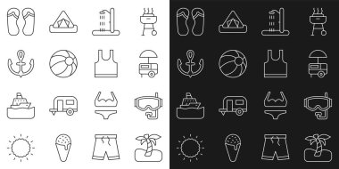 Set line Tropical palm tree, Diving mask, Fast street food cart, Beach shower, ball, Anchor, Flip flops and Sleeveless T-shirt icon. Vector