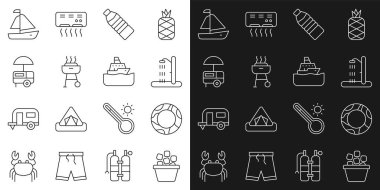 Set line Ice bucket, Rubber swimming ring, Beach shower, Bottle of water, Barbecue grill, Fast street food cart, Yacht sailboat and Cruise ship icon. Vector