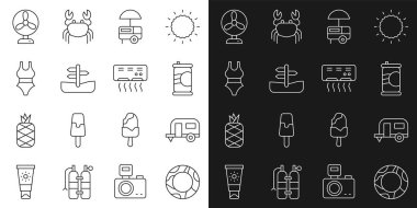 Set line Rubber swimming ring, Rv Camping trailer, Soda can, Fast street food cart, Road traffic sign, Swimsuit, Electric fan and Air conditioner icon. Vector
