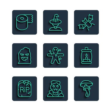 Set line Tombstone with RIP written, Vampire, Psilocybin mushroom, Flying bat, Voodoo doll, Funny and scary ghost mask, Toilet paper roll and Camping lantern icon. Vector