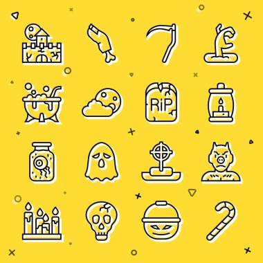 Set line Christmas candy cane, Krampus, heck, Camping lantern, Scythe, Moon stars, Halloween witch cauldron, Castle, fortress and Tombstone with RIP written icon. Vector