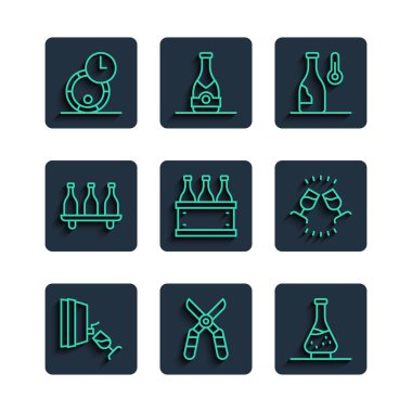 Set line Wine tasting, degustation, Gardening scissors, Decanter for wine, temperature, Bottles of box, Wooden barrel and  icon. Vector