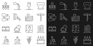 Set line Bottles of wine in box, Cardboard, Wine corkscrew, glass, tasting, degustation, Drying grapes and Vineyard icon. Vector
