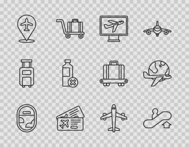 Set line Airplane window, Escalator up, Plane, Airline ticket, No water bottle,  and Globe with flying icon. Vector