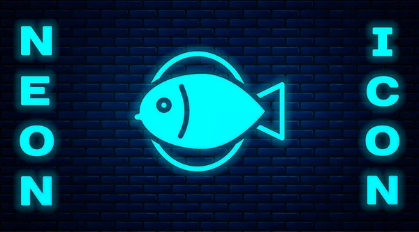 Светящийся Неоновый Значок Рыбы Выделен Фоне Кирпичной Стены Вектор — стоковый вектор