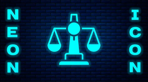 发光的霓虹灯刻度正义图标隔离在砖墙背景 法院的象征 天平标志B — 图库矢量图片