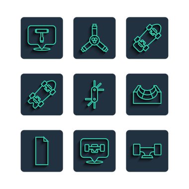 Set line Grip tape on a skateboard, Skateboard wheel, Tool allen keys, Longboard or, tool and park icon. Vector