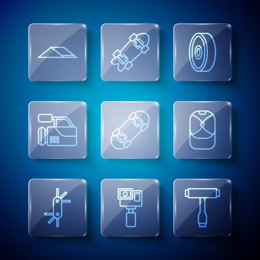Set line Tool allen keys, Action camera, Skateboard tool, ball bearing, Cinema, park and Baseball cap icon. Vector