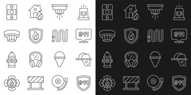 Set line Emergency call 911, Firefighter helmet, Smoke alarm system, protection shield,  and hose reel icon. Vector
