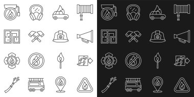 Set line Fire flame in triangle, exit, Megaphone, Burning car, Firefighter axe, Evacuation plan, Ringing alarm bell and helmet icon. Vector