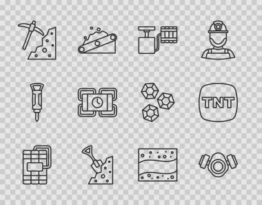 Set line Dynamite, Gas mask, Handle detonator, Shovel stone, Pickaxe, Gold mine and  icon. Vector