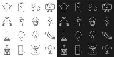 Set line Satellite, Wireless microphone, No usb cable cord, Smart car system, dish, headphones, drone and Tv icon. Vector