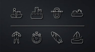 Set line Jet ski, Wetsuit for scuba diving, Surfboard, Stopwatch, Winner podium, Yacht sailboat and Boat with oars icon. Vector