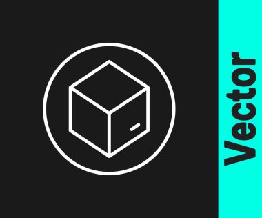 Beyaz çizgi karton kutu simgesi siyah arkaplanda izole edildi. Kutu, paket, paket işareti. Teslimat ve ambalaj. Vektör