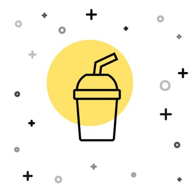 Siyah çizgi kağıt bardak, beyaz arka planda izole edilmiş saman ve su ikonu içeriyor. Soda bardağı. Taze soğuk içecek sembolü. Rastgele dinamik şekiller. Vektör