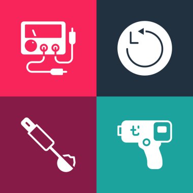 Set pop art Digital thermometer, Measuring spoon, Radius and Multimeter, voltmeter icon. Vector