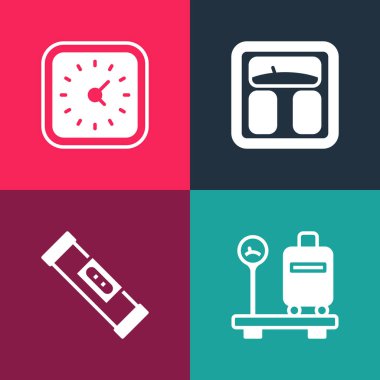 Set pop art Scale with suitcase, Construction bubble level, Bathroom scales and Clock icon. Vector