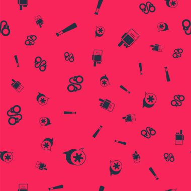 Set Hexagram sheriff, Baseball bat, Handcuffs and Walkie talkie on seamless pattern. Vector