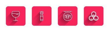 Set line Wine glass, Bottle opener, Street signboard with Bar and Wooden barrels with long shadow. Red square button. Vector