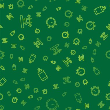 Set line Bench with barbel, Punching bag and Stopwatch on seamless pattern. Vector