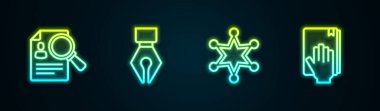 Çizgi kağıt analizi büyütme, dolmakalem ucu, Hexagram şerifi ve İncil üzerine yemin. Parlayan neon ikonu. Vektör