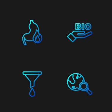 Set line Magnifying glass with globe, Funnel or filter, Stomach heartburn and Bio healthy food. Gradient color icons. Vector