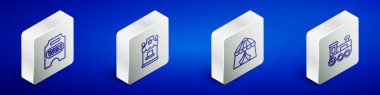 Set Isometric line Circus ticket, Ticket box office, tent and Toy train icon. Vector