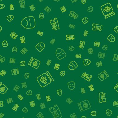 Set line Drama theatrical mask, Psychology, Psi and Metronome with pendulum on seamless pattern. Vector