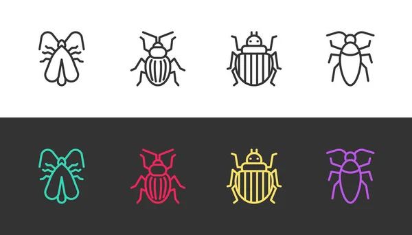 Set Line Polilla Ropa Escarabajo Chafer Colorado Cucaracha Blanco Negro — Vector de stock