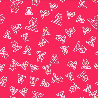 Krampus hattı, lanet ikon kırmızı arka planda izole edilmiş kusursuz desen. Boynuzlu şeytan. Geleneksel Noel şeytanı. Mutlu Cadılar Bayramı Partisi. Vektör