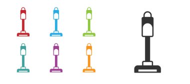 Siyah elektrikli süpürge ikonu beyaz arkaplanda izole edildi. Simgeleri renklendirin. Vektör