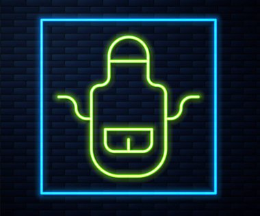 Parlayan neon hattı berber önlük simgesi tuğla duvar arka planında izole edildi. Cepleri olan bir kuaför önlüğü. Vektör.