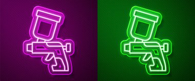 Parlak neon çizgisi sprey tabanca ikonu mor ve yeşil arkaplanda izole edilmiş. Vektör